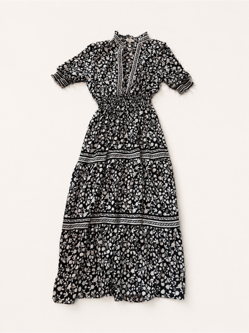 Max Studio Floral L Maxi Dress Black Prairie Cottage Fairy Whimsigoth S/S Empire - Picture 3 of 12